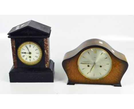 A slate and marble mantel clock with enamel dial and a Smiths oak mantel clock.