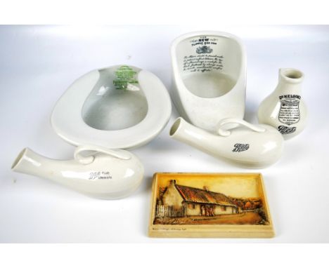 A vintage Bristol Pounthek & Co Ltd porcelain bed pan, a further example, two Boots portable urinals, and a "Dr. Nelson's Imp