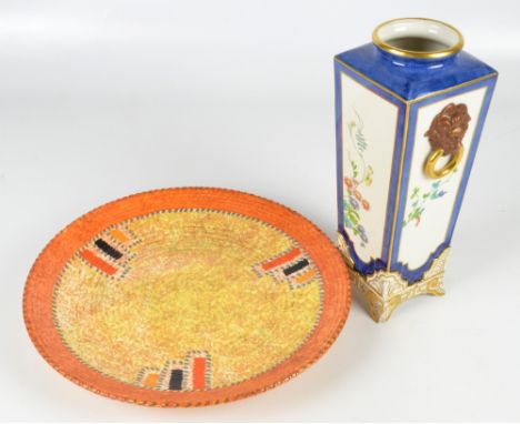 A 1930s Crown Ducal charger in "Stitch" pattern, in the style of Charlotte Rhead, diameter 32cm, and a Royal Worcester square