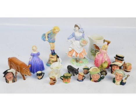 A group of Royal Doulton items comprising two figures (HN1370 "Marie" and HN1768 "Rose"), two pigs and a group of various min