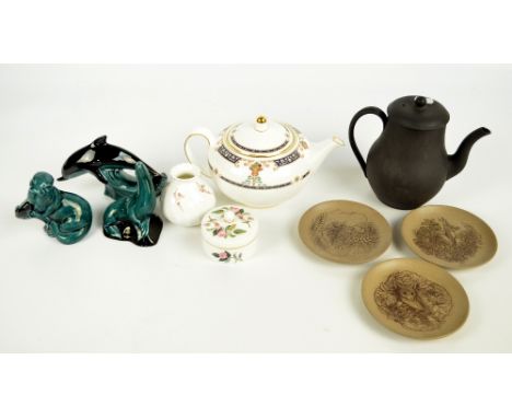 A small group of ceramics comprising a Wedgwood "High Grove" tea pot, a black basalt baluster coffee pot, a floral vase and a