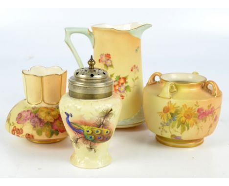 A Royal Worcester blush ivory porcelain squat baluster vase with four lug handles, hand painted with floral sprays, marked to