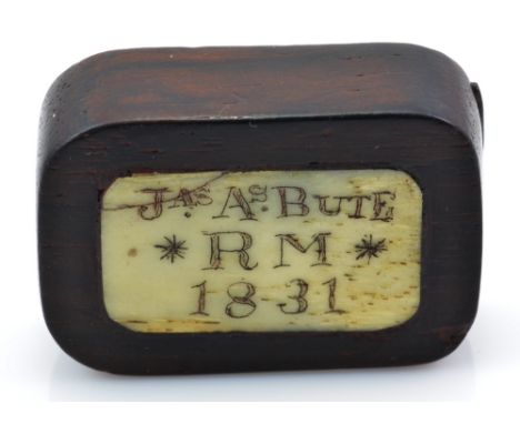 A rare early 19th century rosewood and bone set snuff box, the bone plaque inscribed "Jas As Bute RM 1831", 4 x 3cm.James Ado