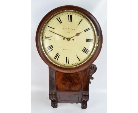 ROBERT ROSKELL, LIVERPOOL; an eight day drop dial fusee wall clock, the circular enamel dial set with Roman numerals, height 