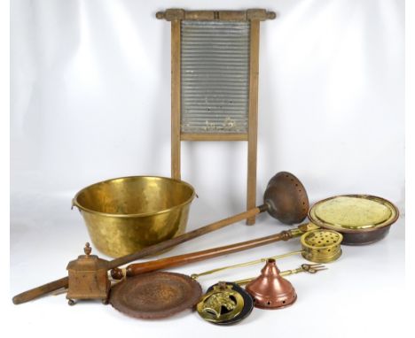 A collection of mixed metalware, predominantly kitchenalia including copper posser and posser head, washboard, chestnut roast