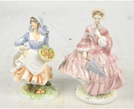 Two Royal Worcester figures; "Rosie Picking Apples" and "1855: The Crinoline".