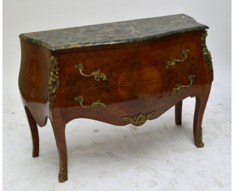 A reproduction French kingwood veneered two drawer bombé commode with shaped marble top, two drawers and raised on square sec