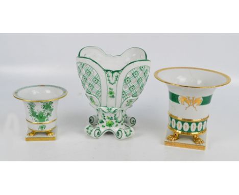 A Herend porcelain campana shaped green floral transfer decorated vase on four gilt paw feet and square base. no.6402/FV, pri