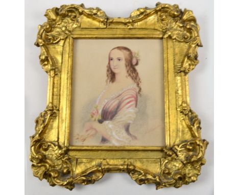 W.H. WOODS (mid 19th century); coloured chalks and watercolour, miniature portrait study of a young girl holding a rose, sign