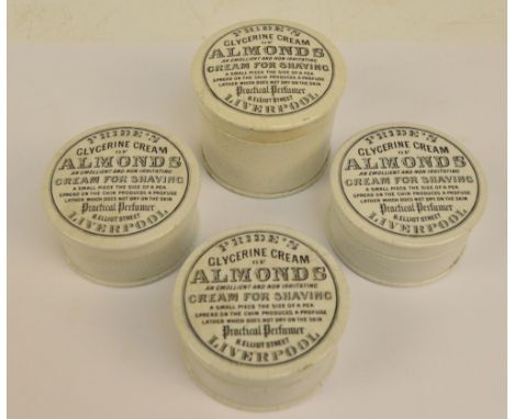 A set of four Pride's of Liverpool "Glycerin Cream of Almonds" shaving cream ceramic pots and covers, diameter 8cm (4).   CON