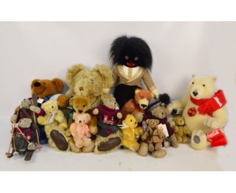 A collection of various teddy bears including Dean's Collectors Club "Rufus", limited edition 44/500, and a Steiff Coca-Cola 