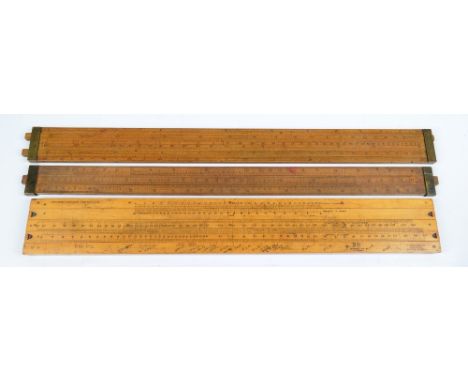 A "Thomlinson's Equivalent Paper Slide Scale" boxwood fronted slide rule, length 58.5cm, a brass tipped boxed slide rule insc