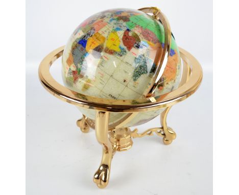 A modern gemstone globe in brass gimballed frame, height 45cm.