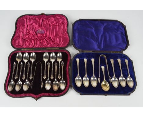 ATKIN BROS; a cased set of twelve Victorian hallmarked silver teaspoons with matching sugar tongs, Sheffield 1893, and a case