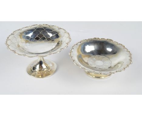 MAPPIN & WEBB; a George V hallmarked silver circular bonbon dish with fish scale decoration, raised on spreading stem to circ