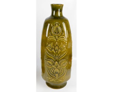 A large Hungarian studio ceramic khaki green glazed footed vase of square section tapering form with floral and foliate mould