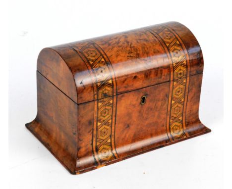 A 19th century marquetry inlaid burr walnut dome topped tea caddy, length 26cm, height 16cm.   CONDITION REPORT:  Wear commen
