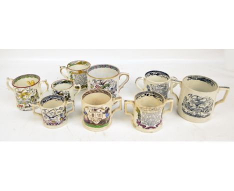 A collection of various 19th century ceramic transfer decorated and hand coloured plough and farming related mugs to include 