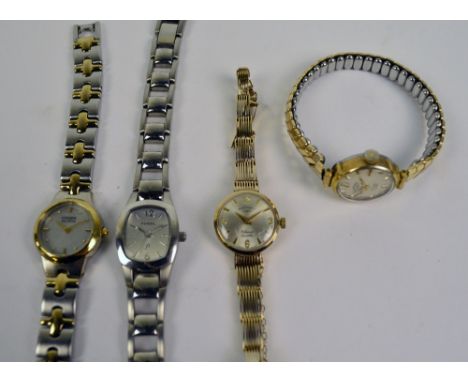ROTARY; two stainless steel gold plated lady's wristwatches and two further examples by Citizen and Fossil (4).