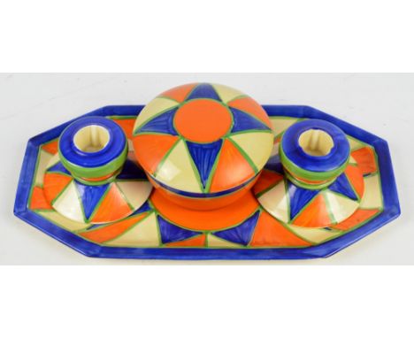 CLARICE CLIFF; an original "Bizarre" dressing table set, with geometric blue and orange triangles with green retaining lines,