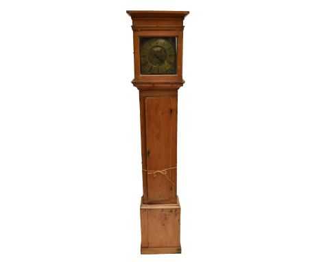 A pine cased longcase clock, the moulded cornice above square face with brass chapter ring set with Roman numerals, inscribed