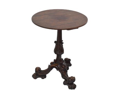 A Victorian walnut foliate scroll carved occasional table tripod base with later mahogany circular top, diameter 42cm.