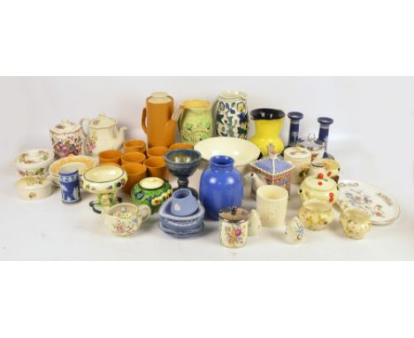 A large quantity of mixed ceramics including several blue Wedgwood jasperware pin dishes, a blue globular Poole vase, a small