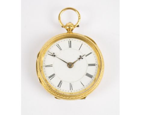 A late 19th century 18ct yellow gold cased open faced key wind fob watch, the circular enamel dial set with Roman numerals, m