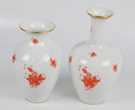 A Herend porcelain red foliate transfer decorated baluster vase with wicker effect moulded body, height 24cm, and a further e