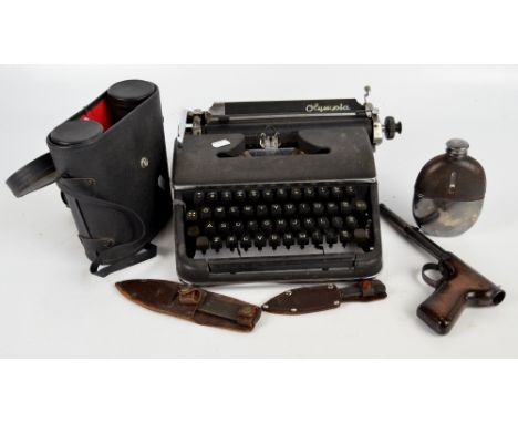 A mixed collectors' lot comprising a c.1950s Olympia model SM2 typewriter, a cased pair of Ajax 10 x 50 binoculars, a silver 