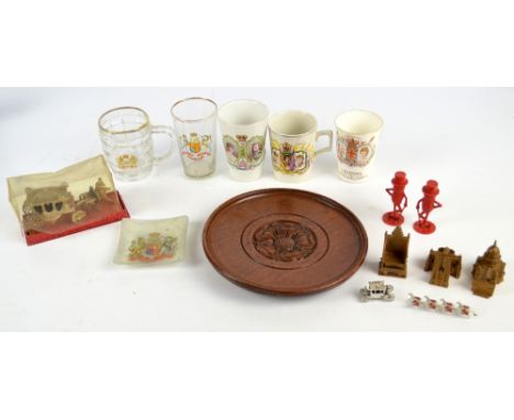 A small collection of Royal memorabilia comprising a circular oak plaque reputed to come from St. George's Chapel in Windsor 