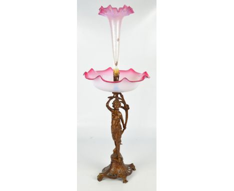 A late 19th century pink and milk glass centrepiece with a circular bowl with flared wavy rim and matched trumpet vase above 