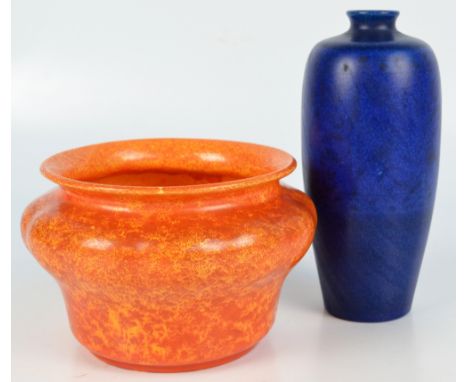 ROYAL LANCASTRIAN; a blue mottled glaze ovoid vase, no.3023, height 20cm, and an orange mottled glaze planter of squat balust