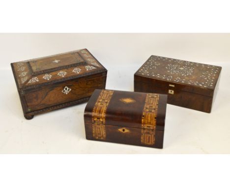 A late Victorian walnut and inlaid workbox, a mother of pearl inlaid cigarette box with mirrored hinged lid, 28 x 19cm, and a