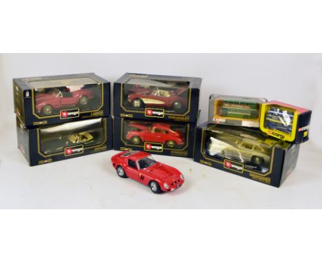 Five boxed Burago toy vehicles, including Chevrolet, Jaguar and Porsche, also a loose example and two Corgi models (8).