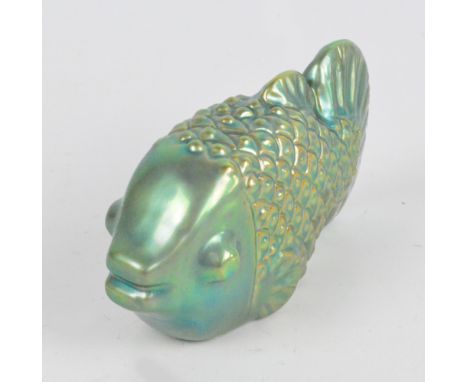 A Zsolnay Pecs ceramic green lustre glazed figure of stylised fish, marked to base, length 19cm.   CONDITION REPORT:  General