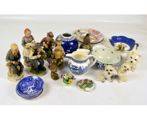 A small group of ceramics including a set of five bisque figures, a Goebel figure of a bird, studio pottery example, a Beswic