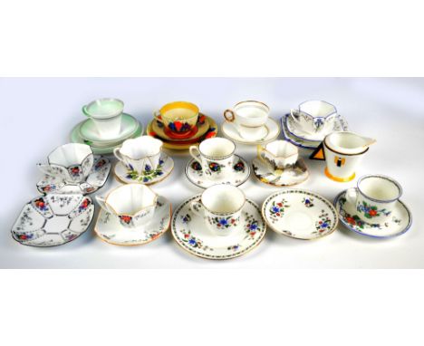 SHELLEY; a group of various porcelain cups and saucers to include five trios, and Art Deco style cream jug, registered number