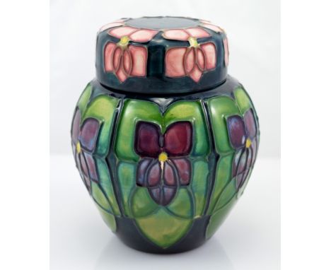 MOORCROFT; a small modern "Violet" pattern tube line decorated ginger jar and cover, impressed marks to base, candlestick mar