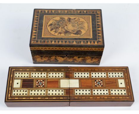 A late 19th century Tunbridge ware inlaid jewellery box with floral decoration to the lid and velvet lined interior with lift