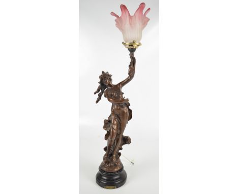 AFTER LOUIS AUGUSTE MOREAU; a spelter figural table lamp depicting "The Rhythm of the Wave", on turned ebonised base with ins