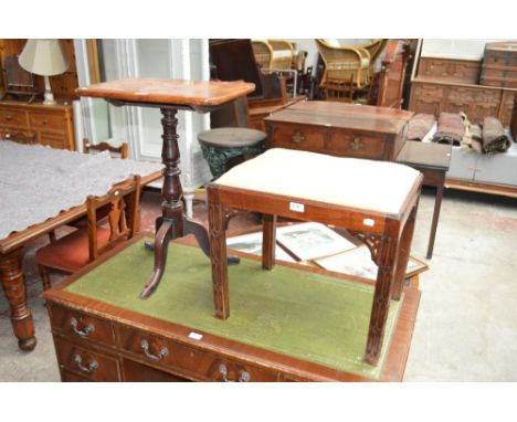 A 19th century mahogany tripod occasional table with rounded rectangular top, also a mahogany stool with drop-in padded seat 