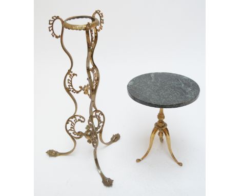 A brass scroll decorated jardinière stand, height 83.5cm, and a green marble topped circular occasional table on brass tripod