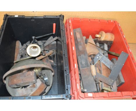 A quantity of vintage tools, also a brass jam pan, etc.