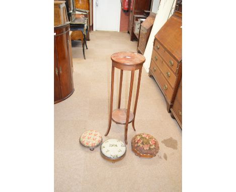 An Edwardian mahogany and boxwood line inlaid two tier torchère stand, height 94cm, a Victorian walnut octagonal stool with c