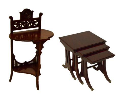 A walnut Arts & Crafts demi-lune console table of small proportions and a reproduction mahogany and line inlaid nest of three