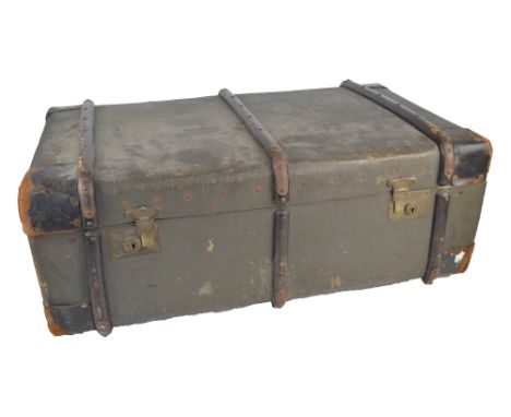A vintage canvas leather and wood bound travelling trunk, 87 x 51 x 32cm.