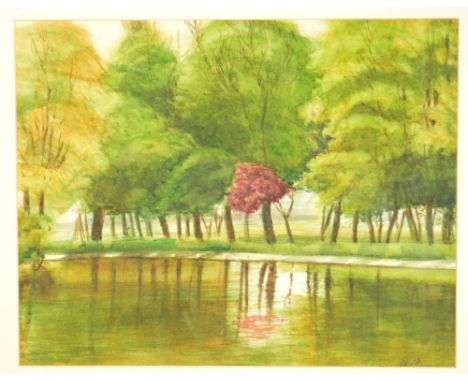 NEIL WILLIS (1932-2011); watercolour, study of a tree trunk, signed, 49.5 x 40cm and a decorative landscape by the same artis