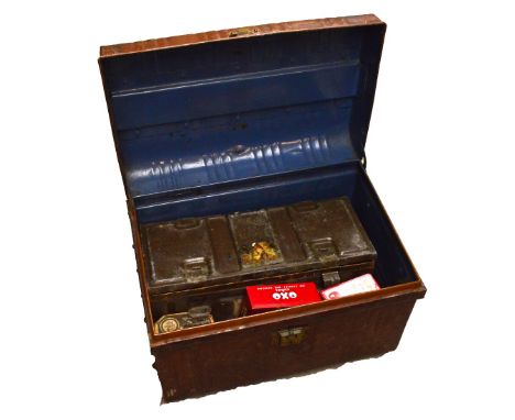 A tin trunk, 60 x 41 x 42cm, containing a small group of small tins to include Colmans and Oxo military box.