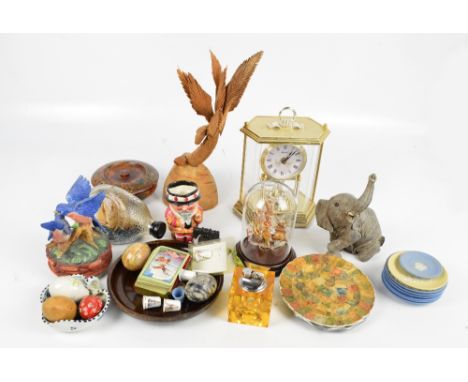 A mixed lot to include a ship in a bottle, eight Wedgwood jasperware pin dishes, a 1960s plastic table lighter, etc.